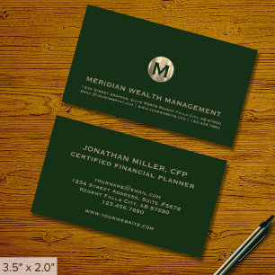 Carte de visite financier Dark Green Gold Monogram