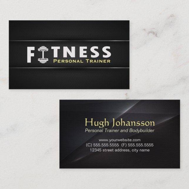 Carte De Visite Fitness Personal Trainer Bold Text Dumbbell Logo (Devant / Derrière)