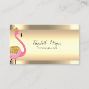 Carte De Visite Flamant Rose Élégant Rayures Dorées