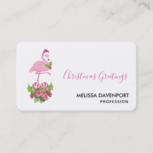 Carte De Visite Flamant rose rose à Santa Hat Noël Whimsical (Devant)