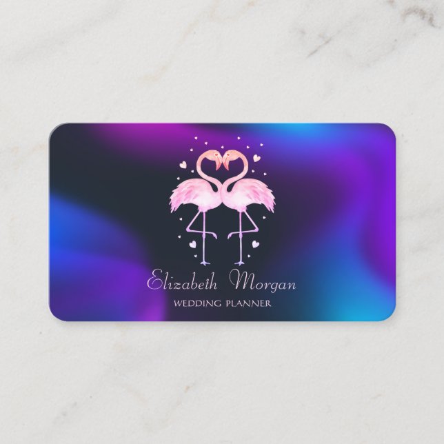 Carte De Visite Flamants roses roses En Amour, Coeurs Holographiqu (Devant)