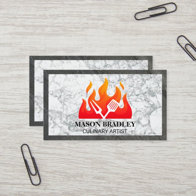Carte De Visite Flamme | Outils de cuisine | Marbre et ardoise (Devant/Arrière en situation)