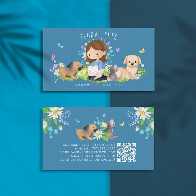 Carte De Visite Fleur Chien et Chat Services de soins pour animaux (Créateur téléchargé)