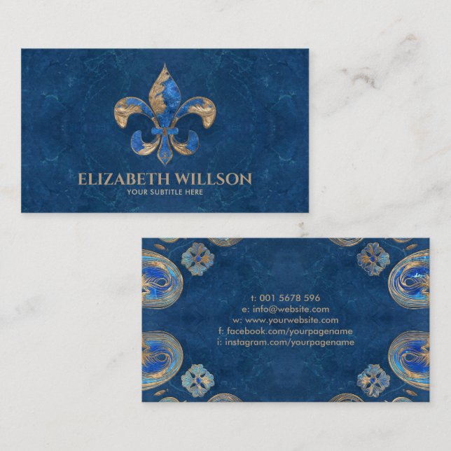 Carte De Visite Fleur de lis Bleu marbre et or (Devant / Derrière)
