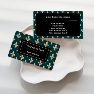 Carte De Visite Fleur de Lis Motif, Français, Royal, Crème, Vert