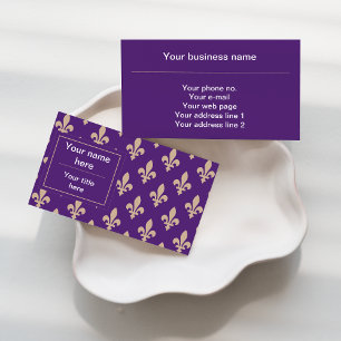 Carte De Visite Fleur de Lis Motif, Français, Royal, Crème, Violet