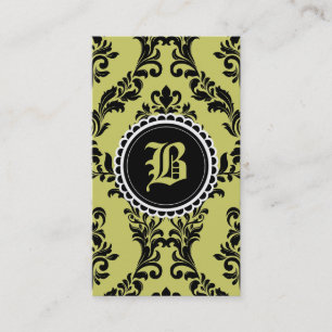 Carte De Visite Fleur de monogramme de damassé de noir de vert de