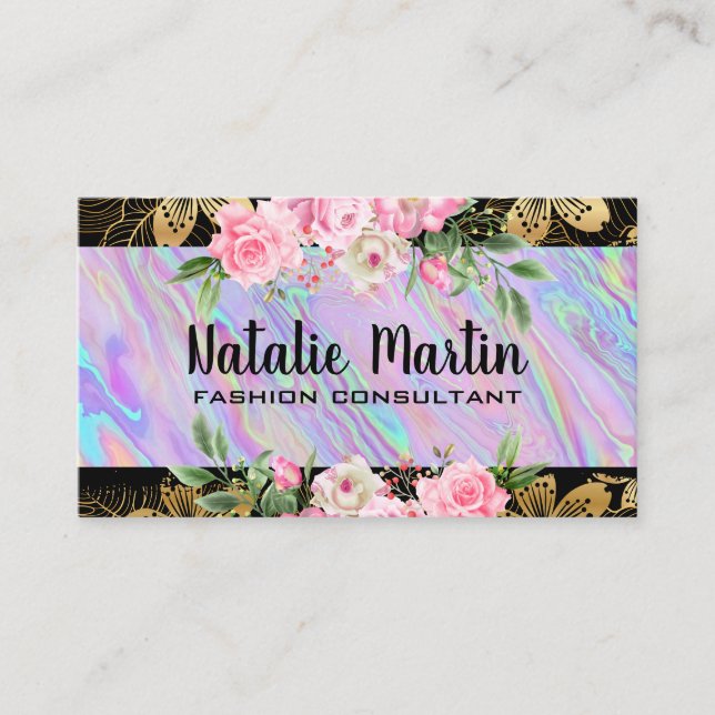 Carte De Visite Fleur | Floral doré | Iridescente (Devant)
