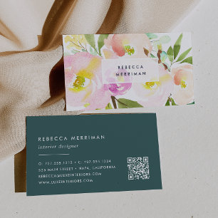 Carte De Visite Fleur floue   Aquarelle Floral QR Code