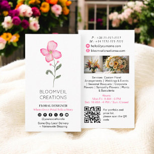 Carte De Visite Fleur rose moderne design floristes photos qr code
