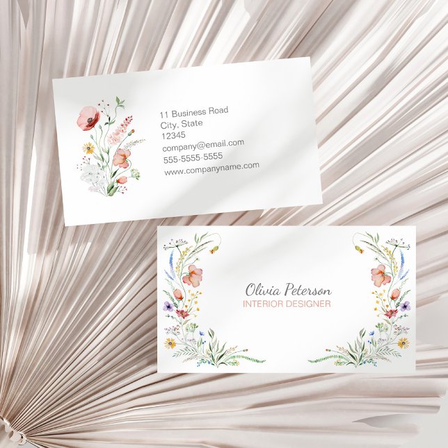 Carte de visite Fleur sauvage Boho Watercolor (Boho Watercolor Wildflowers Business Card on a sunny neutral dry palm leaf.)
