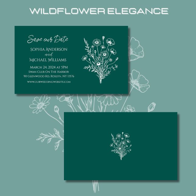 Carte De Visite Fleur sauvage Elegance Mariage-Enregistrer la date (Wildflower Elegance Wedding Save Our Date-Emerald Green-Rustic, Bohemian, Country)