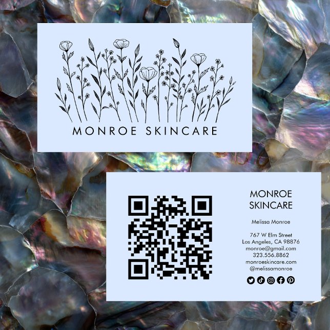 Carte De Visite Fleur sauvage Elegant Line Art QR Code Icônes soci (Wildflowers Elegant Line Art QR Code Social Icons Business Card
)