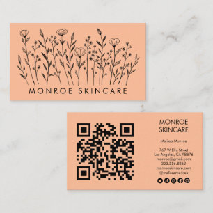 Carte De Visite Fleur sauvage Elegant Line Art QR Code Icônes soci