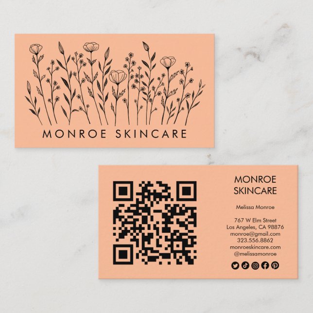 Carte De Visite Fleur sauvage Elegant Line Art QR Code Icônes soci (Devant / Derrière)