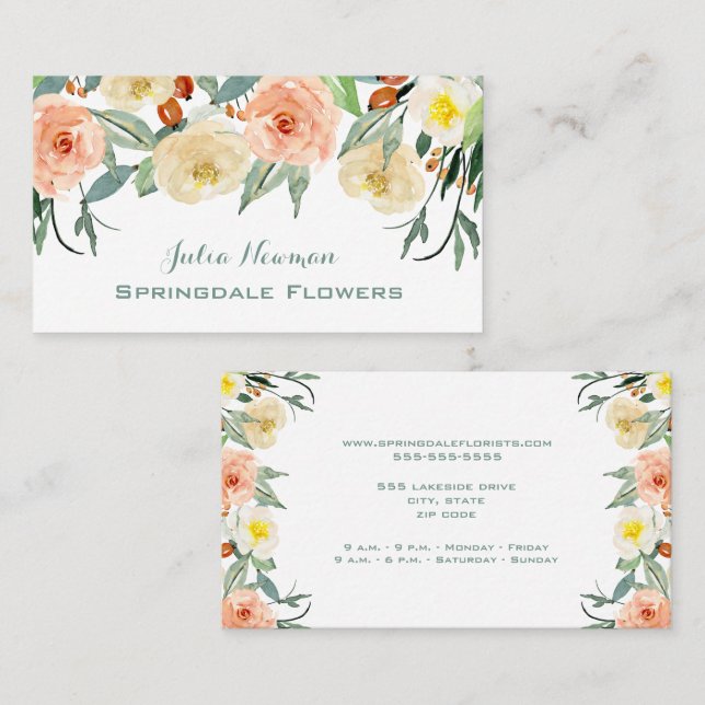 Carte De Visite Fleuriste, Fleurs Aquarelles Lumineuses (Devant / Derrière)