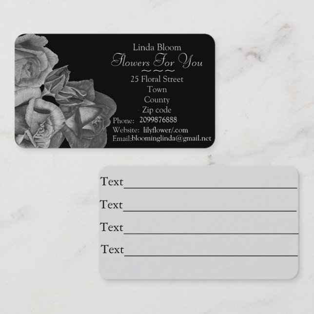 Carte De Visite fleuriste noir et blanc de jardinier d'art de (Devant / Derrière)