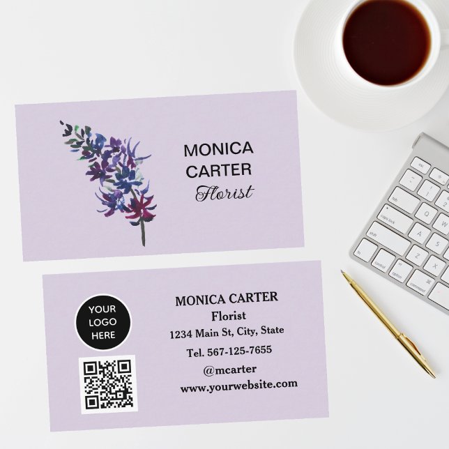 Carte De Visite Fleuriste violet médias sociaux QR Code Floral (Créateur téléchargé)