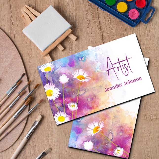 Carte De Visite Fleurs Abstraites Peinture Aquarelle Artiste (Modern business card with abstract daisy flowers – perfect for artist#ModernArt#BusinessCard #Daisy)