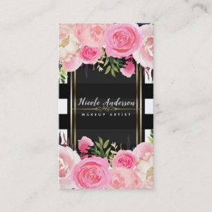 Carte De Visite Fleurs aquarelles roses bandes noires et blanches 