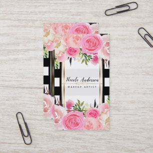 Carte De Visite Fleurs aquarelles roses rayures noires et blanches