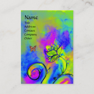 Carte De Visite FLEURS BLANCHES & BOUTTERFLY vert violet jaune