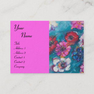 Carte De Visite FLEURS BLANCHES ROUGES EN MONOGRAM BLEU Fuchsia