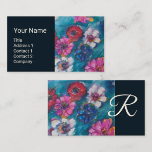 CARTE DE VISITE FLEURS BLANCHES ROUGES EN MONOGRAMME FLORAL BLEU