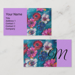 CARTE DE VISITE FLEURS BLANCHES ROUGES EN MONOGRAMME FLORAL BLEU B