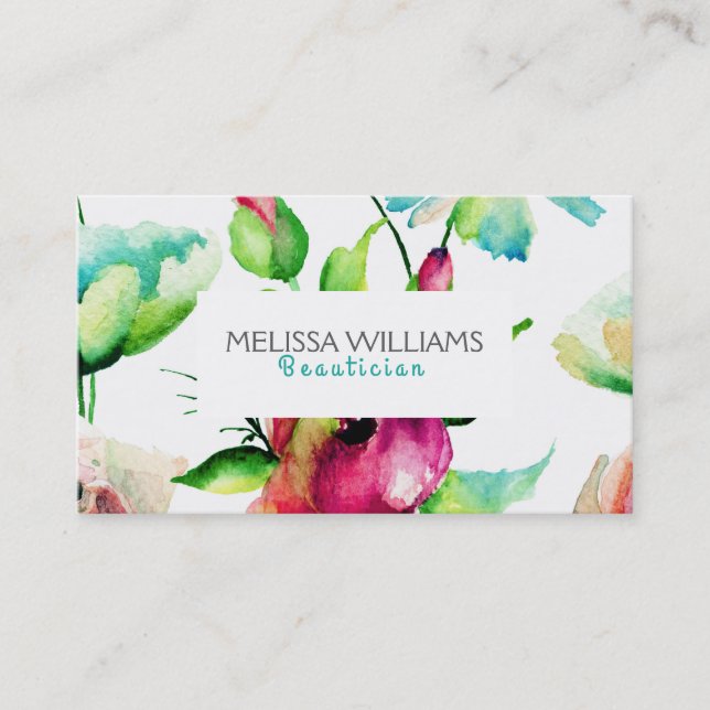 Carte De Visite Fleurs bleu vert et rose (Devant)