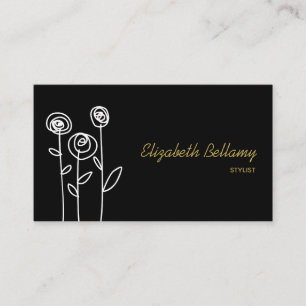 Carte De Visite Fleurs Boho Noir et Blanc Minimaliste
