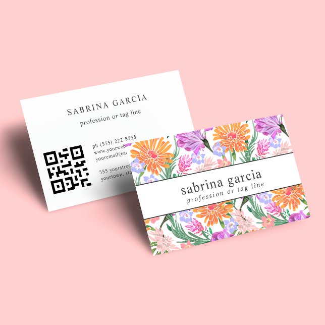 Carte De Visite Fleurs brillantes | Code QR bleu violet orange (Créateur téléchargé)
