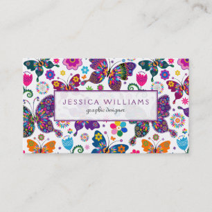 Carte De Visite Fleurs colorées et papillons Motif