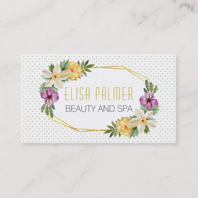 Carte De Visite Fleurs d'aquarelle et fleurs de polygones or (Devant)