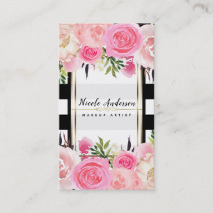 Carte De Visite Fleurs d'aquarelle rose Blancs noirs Classique