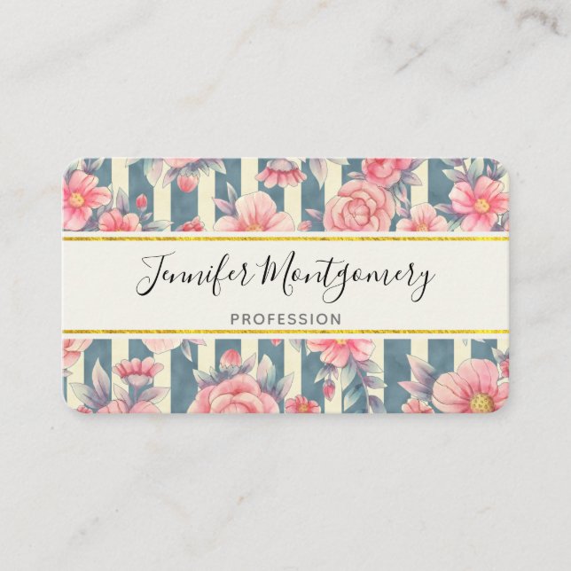 Carte De Visite Fleurs d'aquarelle rose sur bandes (Devant)