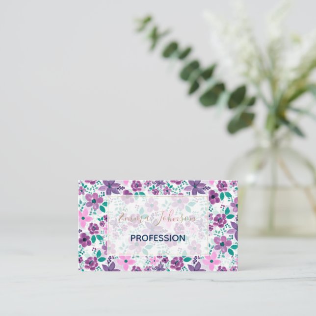 Carte De Visite Fleurs d'aquarelle violet rose botanique (Debout devant)