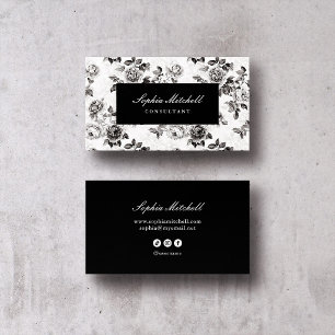 Carte De Visite Fleurs d'Argent Ancien   Noir et Blanc Foncé