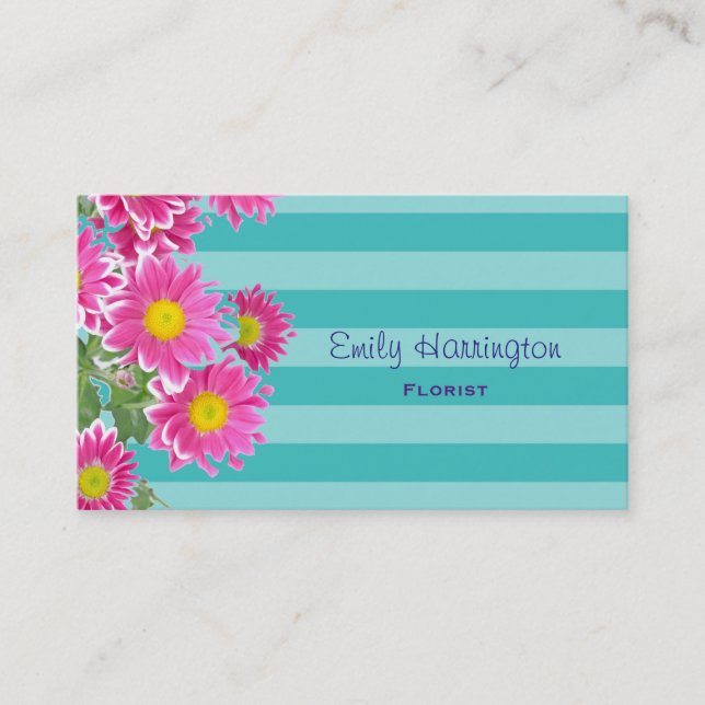 Carte De Visite Fleurs de marguerite rose fraîche sur bandes Turqu (Devant)