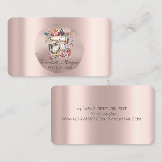 Carte De Visite Fleurs de mélange de boulangerie Rose Gold Circle (Devant / Derrière)