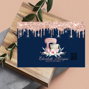 Carte De Visite Fleurs de mixeur Rose Gold Drips Code QR Bleu Mari