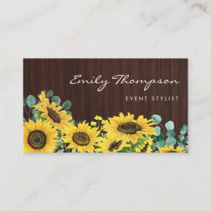 Carte De Visite Fleurs de soleil en bois rustique et fleurs d'euca