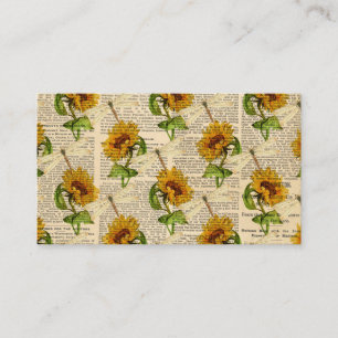 Carte De Visite Fleurs de soleil libellules vieux journal style pa
