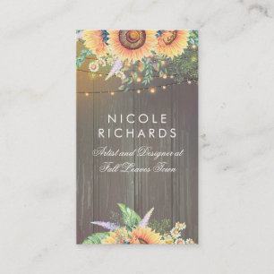 Carte De Visite Fleurs de soleil rustiques et lampes à cordes Bois