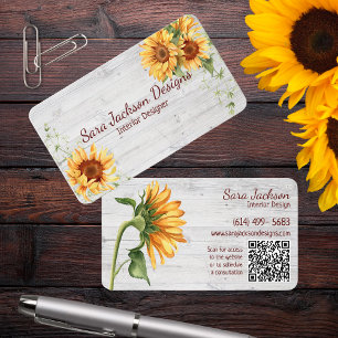 Carte De Visite Fleurs de soleil rustiques sur bois avec code QR