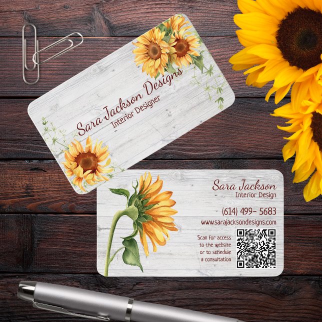 Carte De Visite Fleurs de soleil rustiques sur bois avec code QR (Créateur téléchargé)