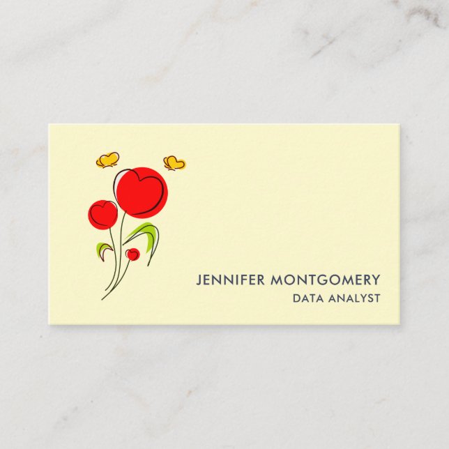 Carte De Visite Fleurs du Coeur Rouge mignonnes et papillons jaune (Devant)