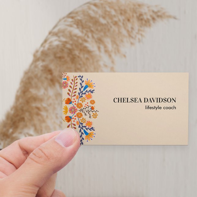 Carte De Visite Fleurs folkloriques Mexicaines Tan Terre (Neutral boho floral business card in warm earthy tan with mexican folk flowers)