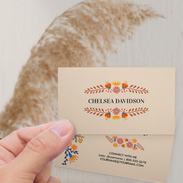 Carte De Visite Fleurs folkloriques Mexicaines Tan Terre (Earthy tan business card with rustic mexican folk flowers)