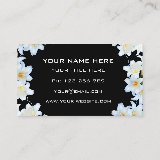 Carte De Visite Fleurs Lily blanches Cadre Wreath Black Profession (Dos)